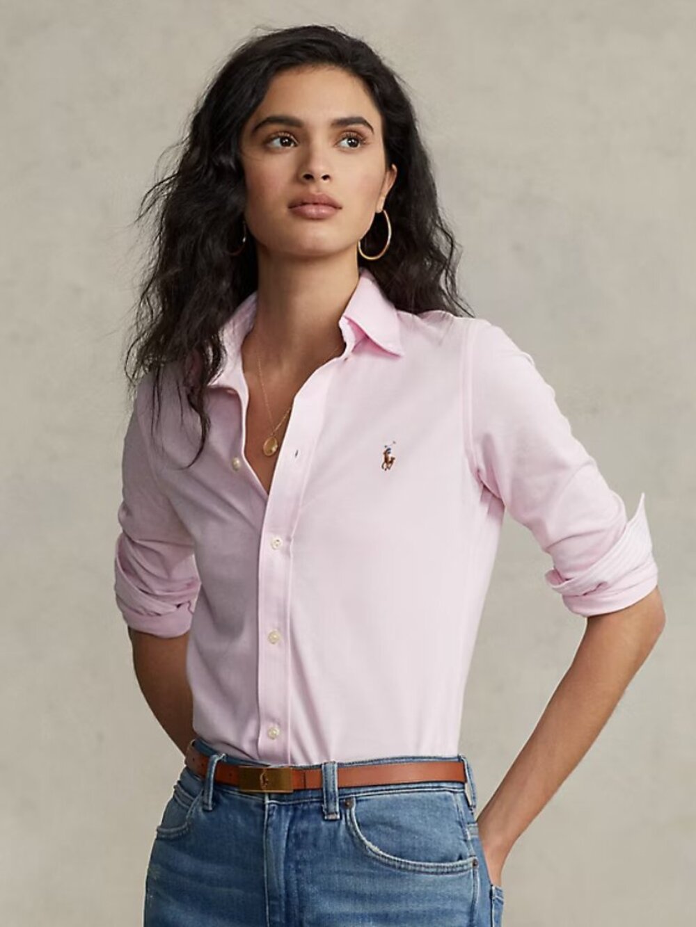 NWT Ralph Lauren SLIM Fit Knit Cotton Oxford PINK Long-Sleeved Shirt Women's xs
